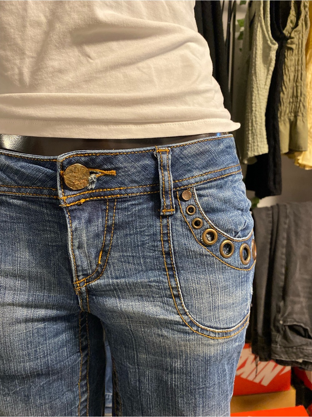 Foxy Jeans - Womens Blue Low-rise Skinny Denim with Grommet Detail